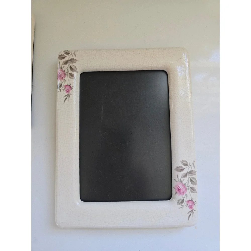 Vintage Crackle Glaze Ceramic‎ Rose Floral Picture Frame Set of 2 Shabby Chic